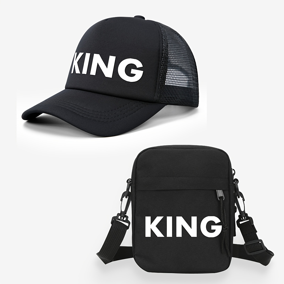 E-shop 2er-Set Herren und Damen KING Buchstaben Druckmuster LKW Hut & Brusttasche, Modische Freizeit-Trendige Vielseitige Outdoor-Sonnenschutz-Mesh