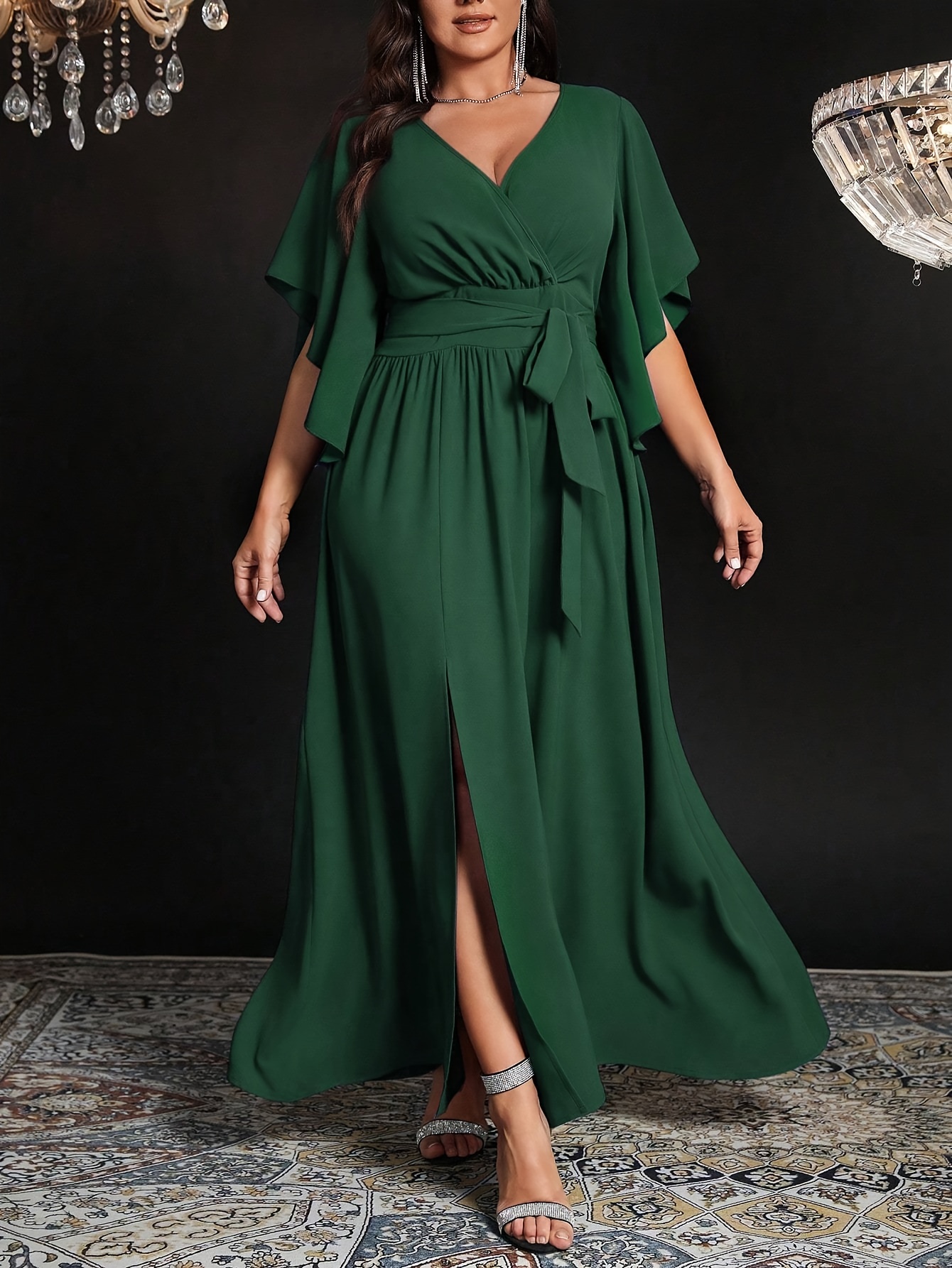 Vestido de Noche Elegante Verde para Mujer Talla Vestido Largo A-Linea  Formal con Dobladillo Asimétrico y Abullonadas, Lavable a