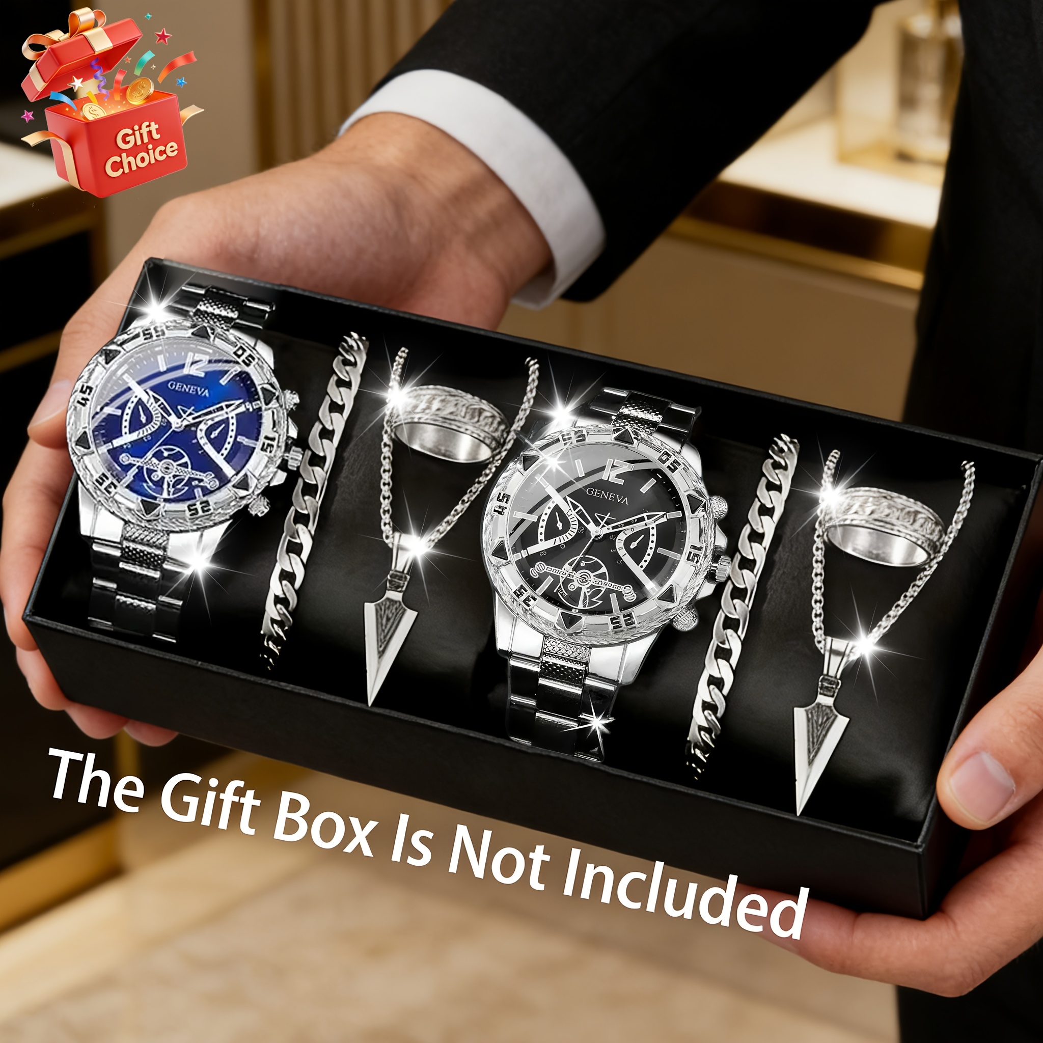 Image of 8pcs Watch Set With Bracelet, Necklace, And Ring | Stylish And Versatile Luxury Men's Watch, Quartz Movement, Round Dial, Suitable For Ramadan, Father's Day, Birthdays, Back-to-, Men's Gift
