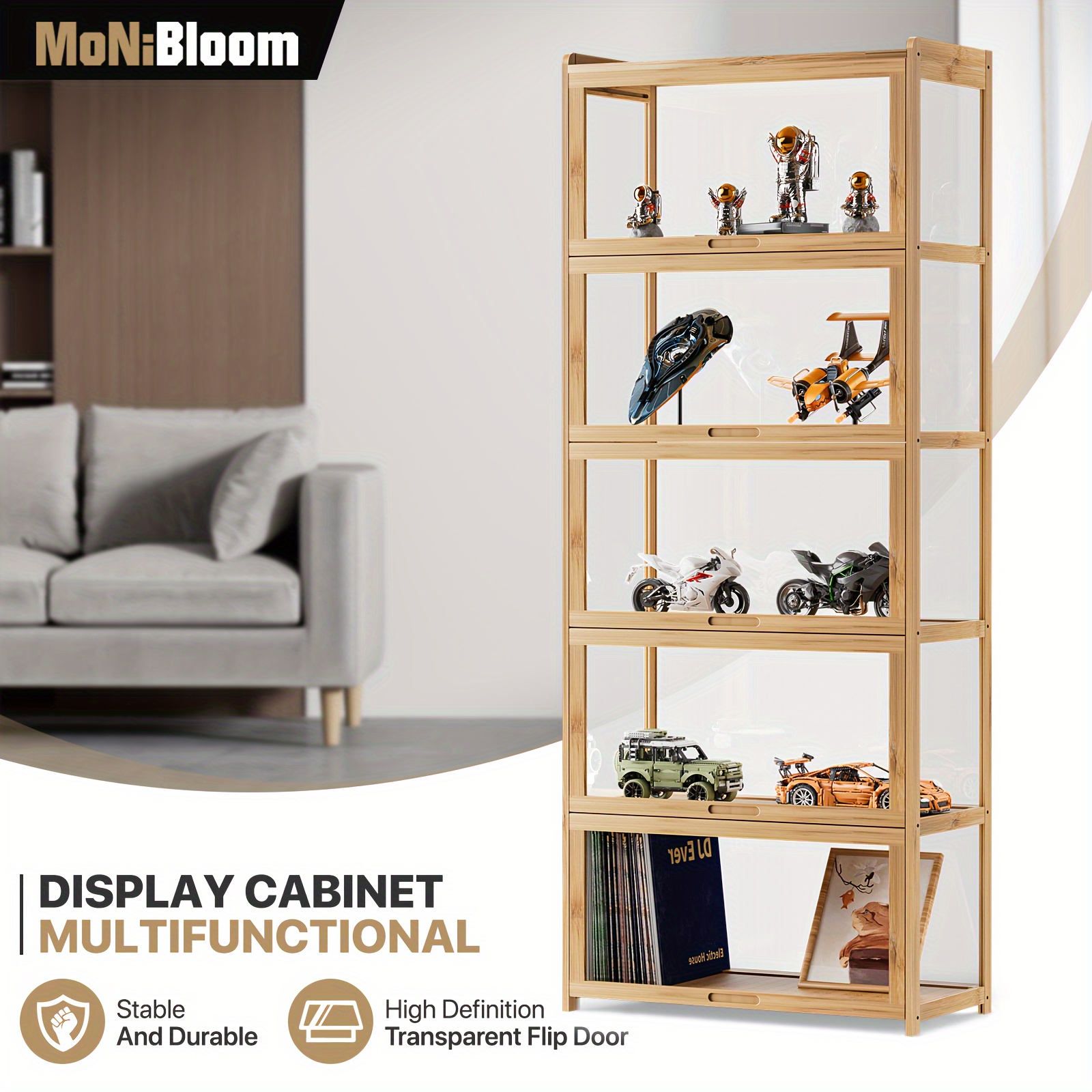 

Monbloom 67.5" Bamboo Display Cabinet With Lockable Doors - 5-tier For Collectibles, Toys, And More - , Transparent Flip Door Shelving For Living Room Decor, Storage Cabinets