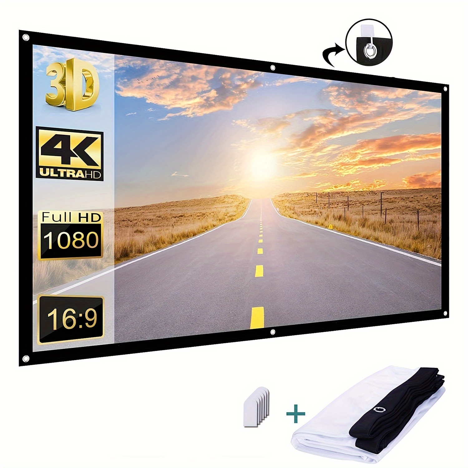 Pantalla de proyector con soporte, plegable, portátil, pantalla de cine de  120 pulgadas (16:9), pantalla de proyección HD 4K de doble cara para