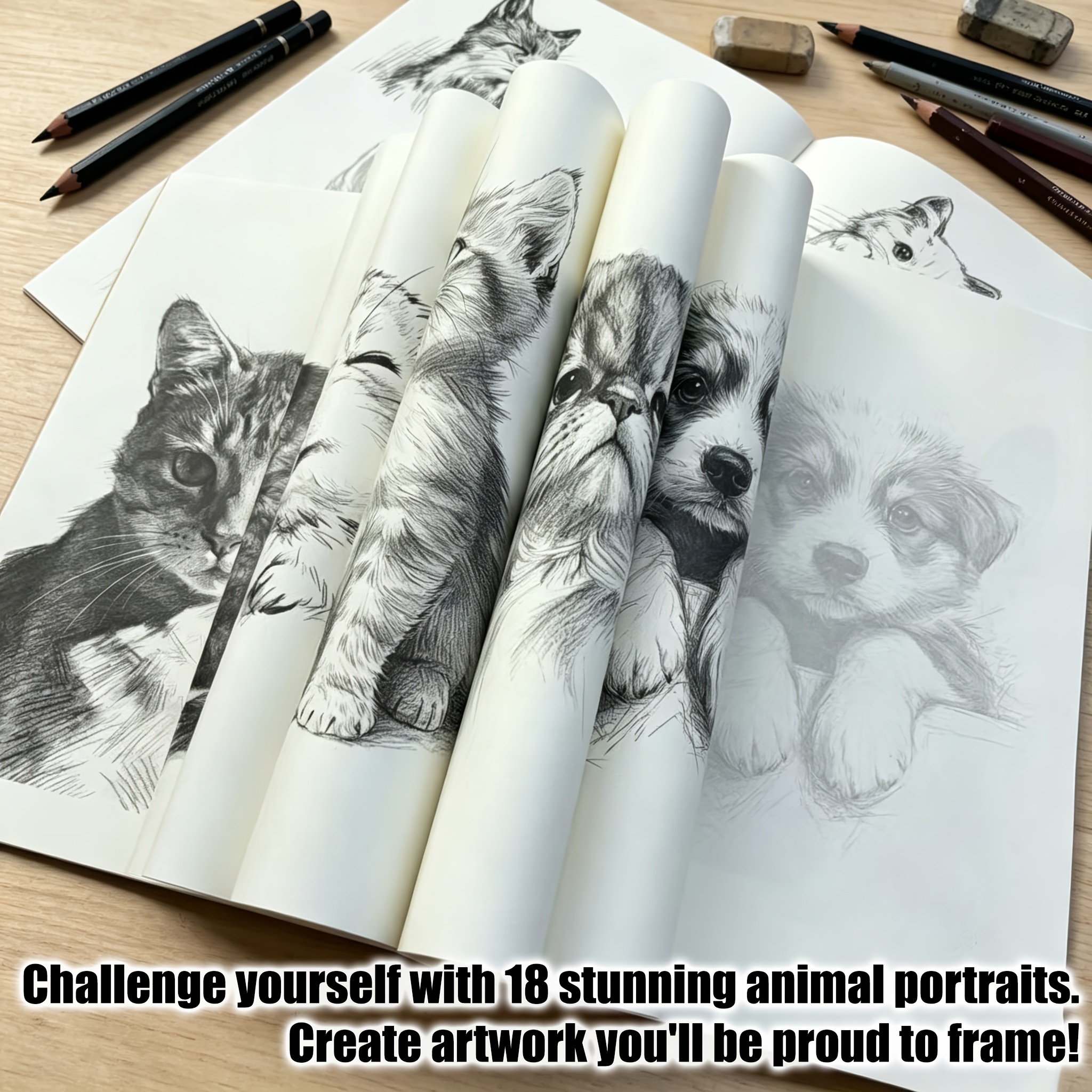 Image of 32 Pages - A Sketchbook Featuring 18 Detailed, Realistic Sketches Of Different Animals To Improve Your Drawing Skills. Realistic Animal Sketching, , The Rendering