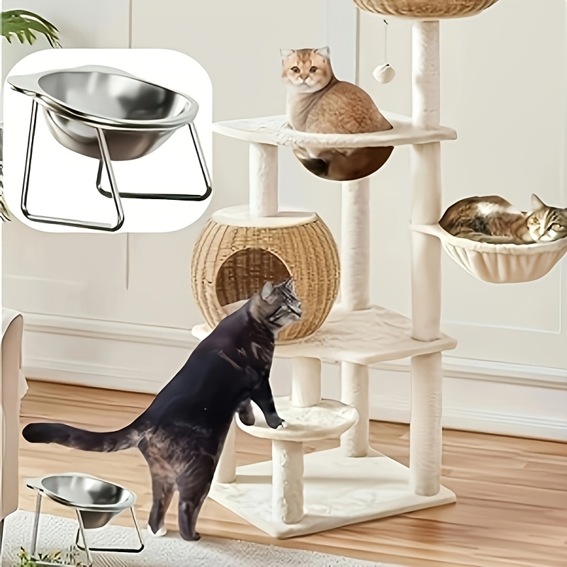 TEMU Stainless Steel Cat Feeder And Water Bowl - Adjustable Height, Spill-proof Wide Base, Easy-, Rust-resistant Durable Construction, Suitable For