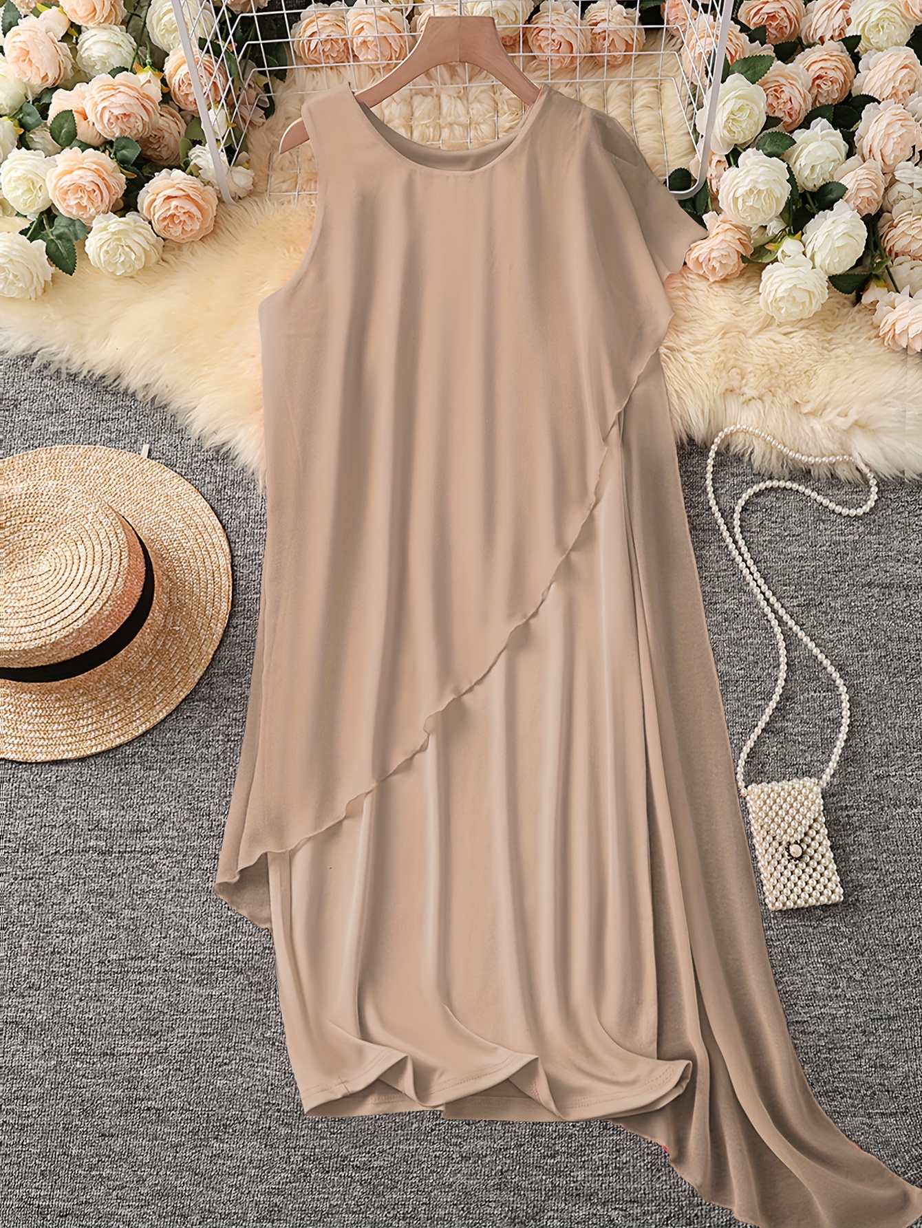 elegant solid irregular chiffon     two piece dress sleeveless round neck skirt