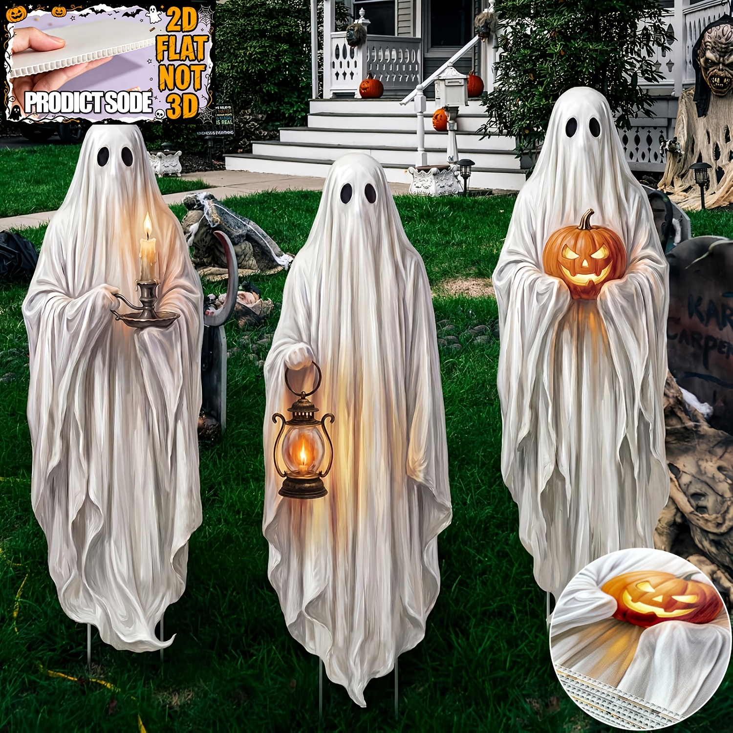Image of 2d Flat - 【2d Flat】 2d Flat, 3pcs Halloween Outdoor Decorations Extra Scary White Yard Sign With 12 Stakes Yard Decoration For Outdoor Halloween Party Decor Home Garden Lawn Haunted House