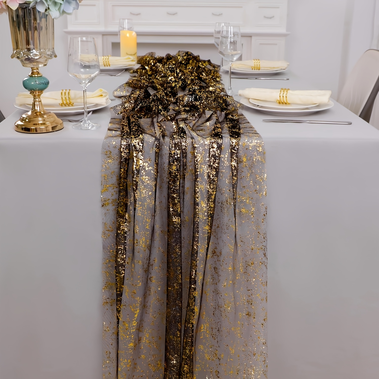 TEMU Set Runner da Eleganti Dorati 70 cm di Larghezza e 3 di Lunghezza in Tulle Chiffon con Paillettes Dorate Glitterate e Lamina , Tovaglia Boho,
