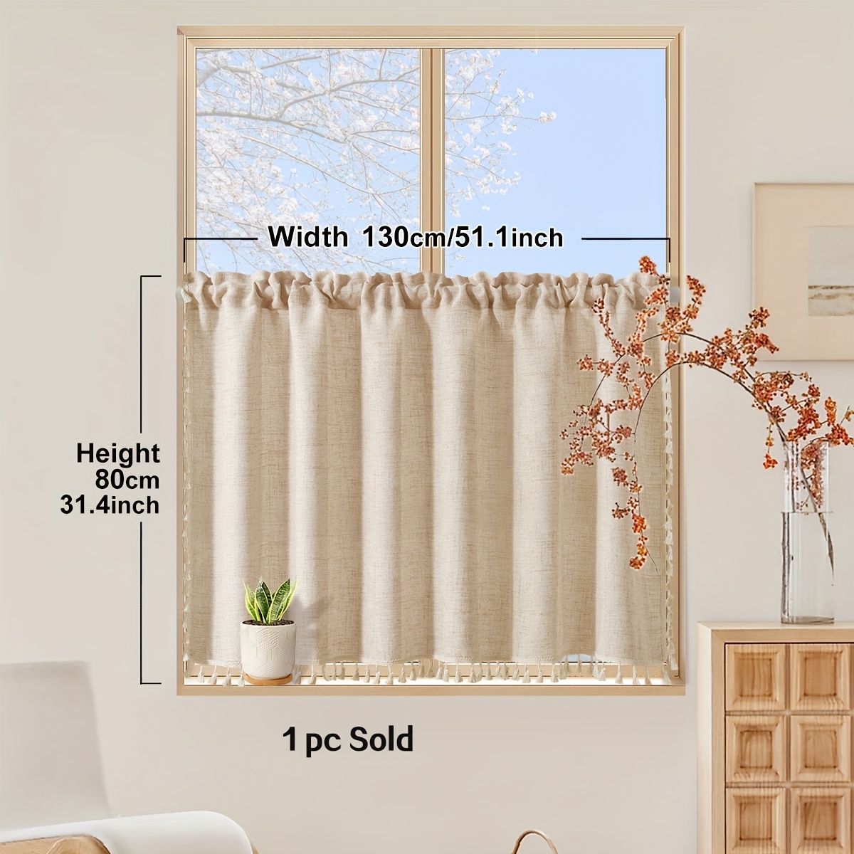 Image of 1pc Of Solid Color Minimalist Small Curtain, Coffee-colored Coffee Curtain With Tassel Lace, Square Rod Pocket Valance Suitable For Living Room, Bedroom, Kitchen, Window Cabinet Decoration And Shading