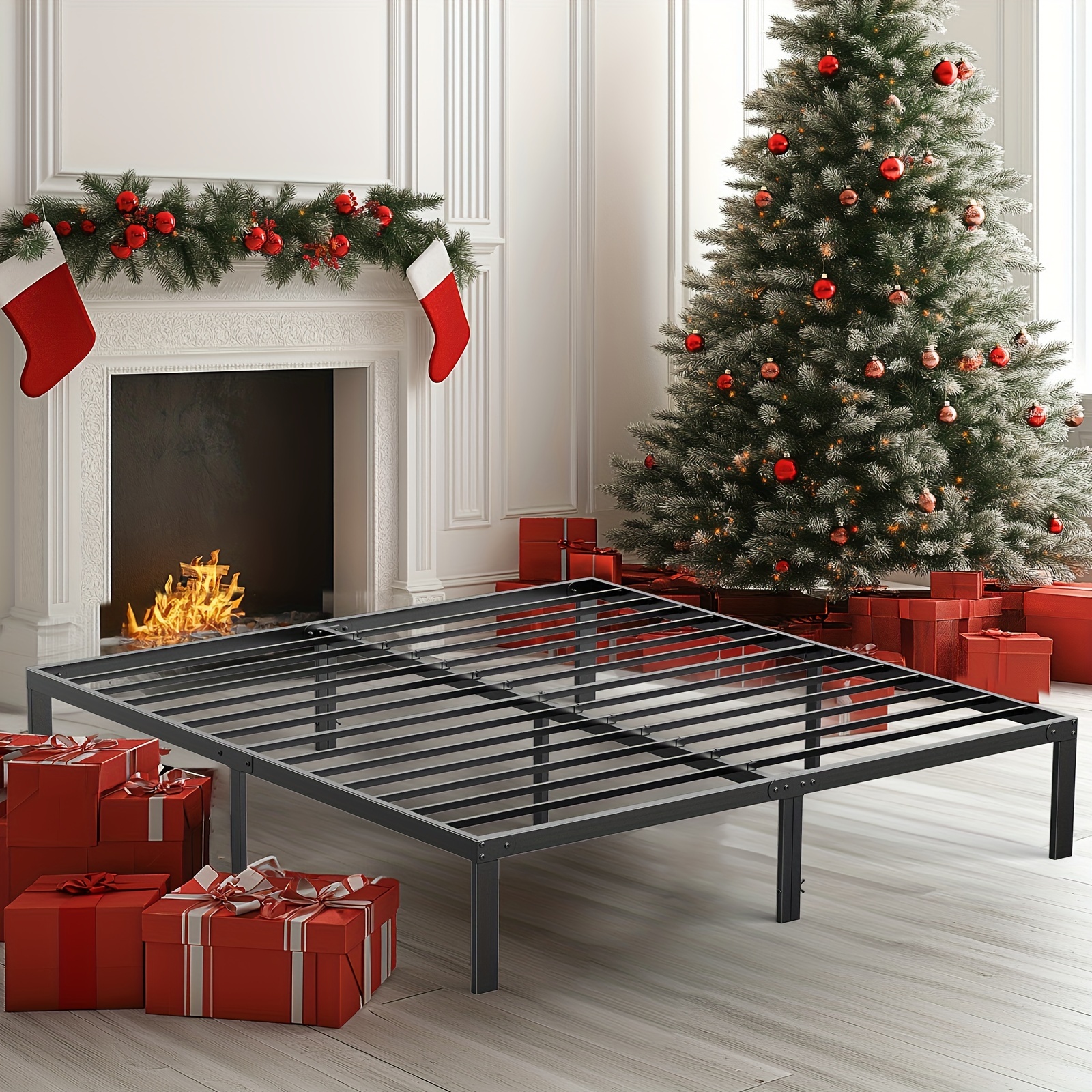 

Bed Frame - 4 Size Platform Bed Frame Metal Mattress Foundation With Steel Slat Support, Spring Needed, Storage Space Under Frame, Easy , Black