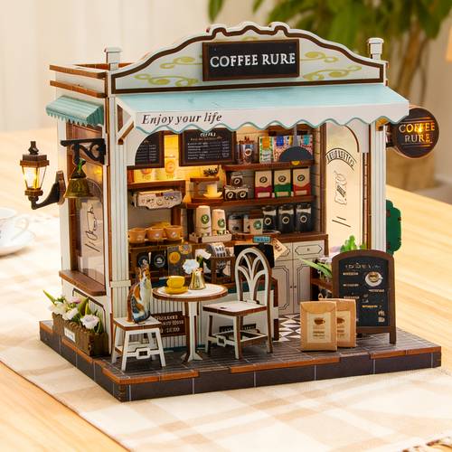 coffee shop theme miniature assembly model cottage diy miniature house kit three dimensional model kit architectural scene assembly model christmas gift birthday gift valentines day gift does not batteries and dust covers