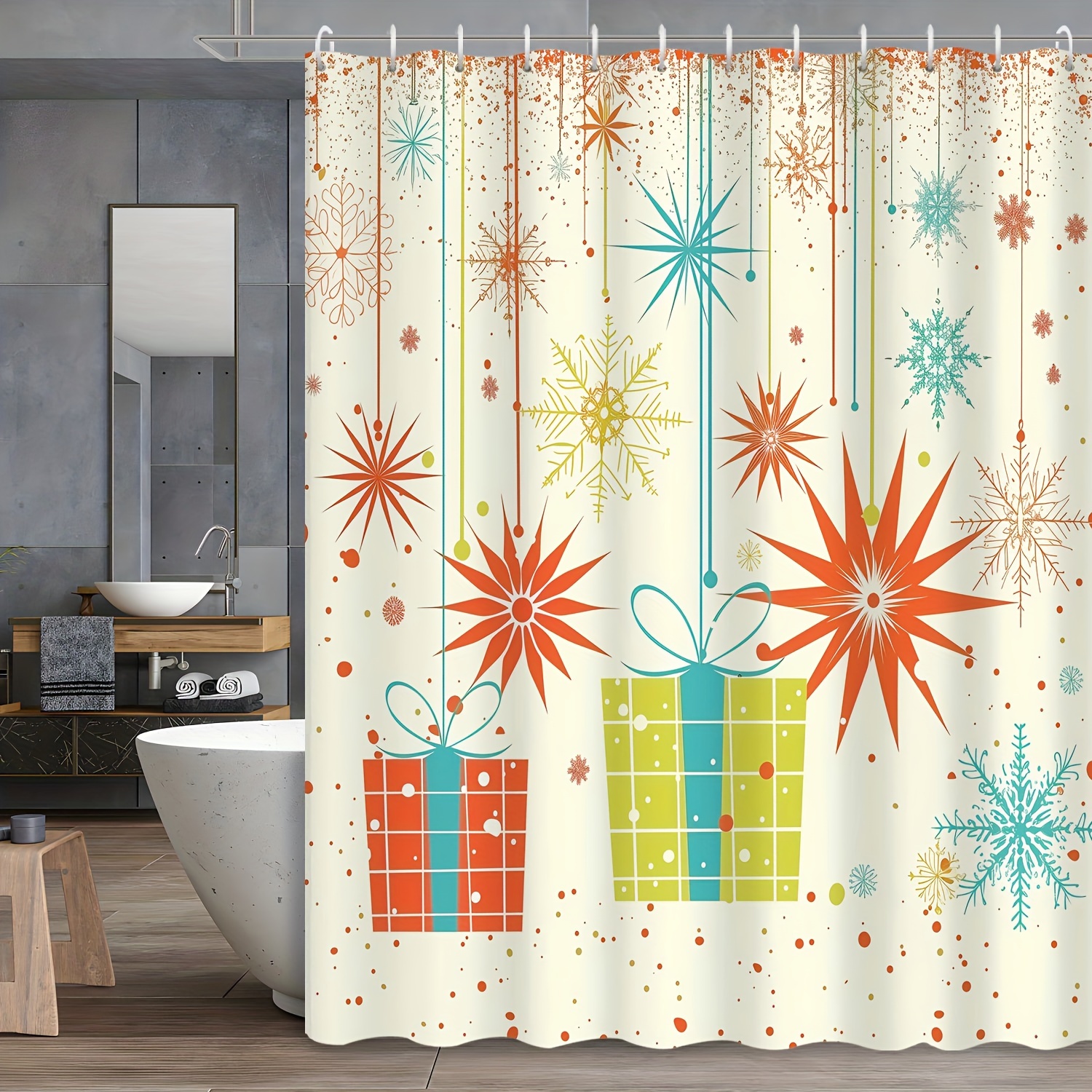 

1pc Christmas Christmas Decoration Winter Decoration Retro Fireworks Gift Box Shower Curtain, Decorative Printed Shower Curtain, Includes 12 Hooks, Waterproof Shower Curtain, Bathroom Accessories