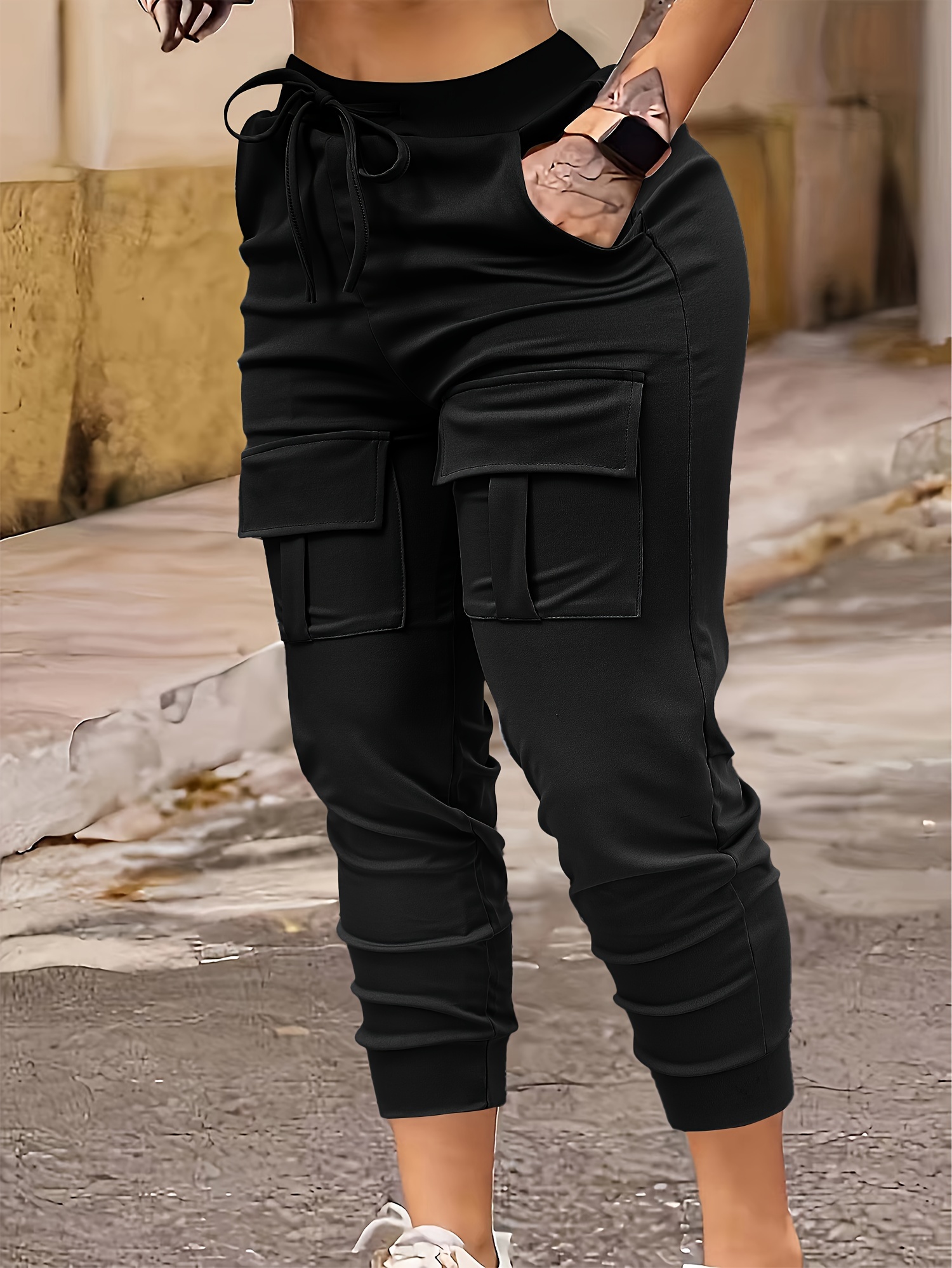 Solid Flap Pocket Jogger Cargo Pants, Casual Drawstring Pants For Spring &  Fall, Women's Clothing