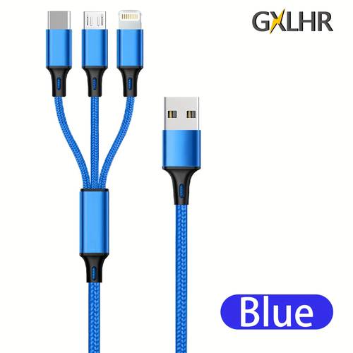 1pc of nylon braided one to three cable mobile data cable usb fast charging line in multiple colors golden pink red blue silvery black