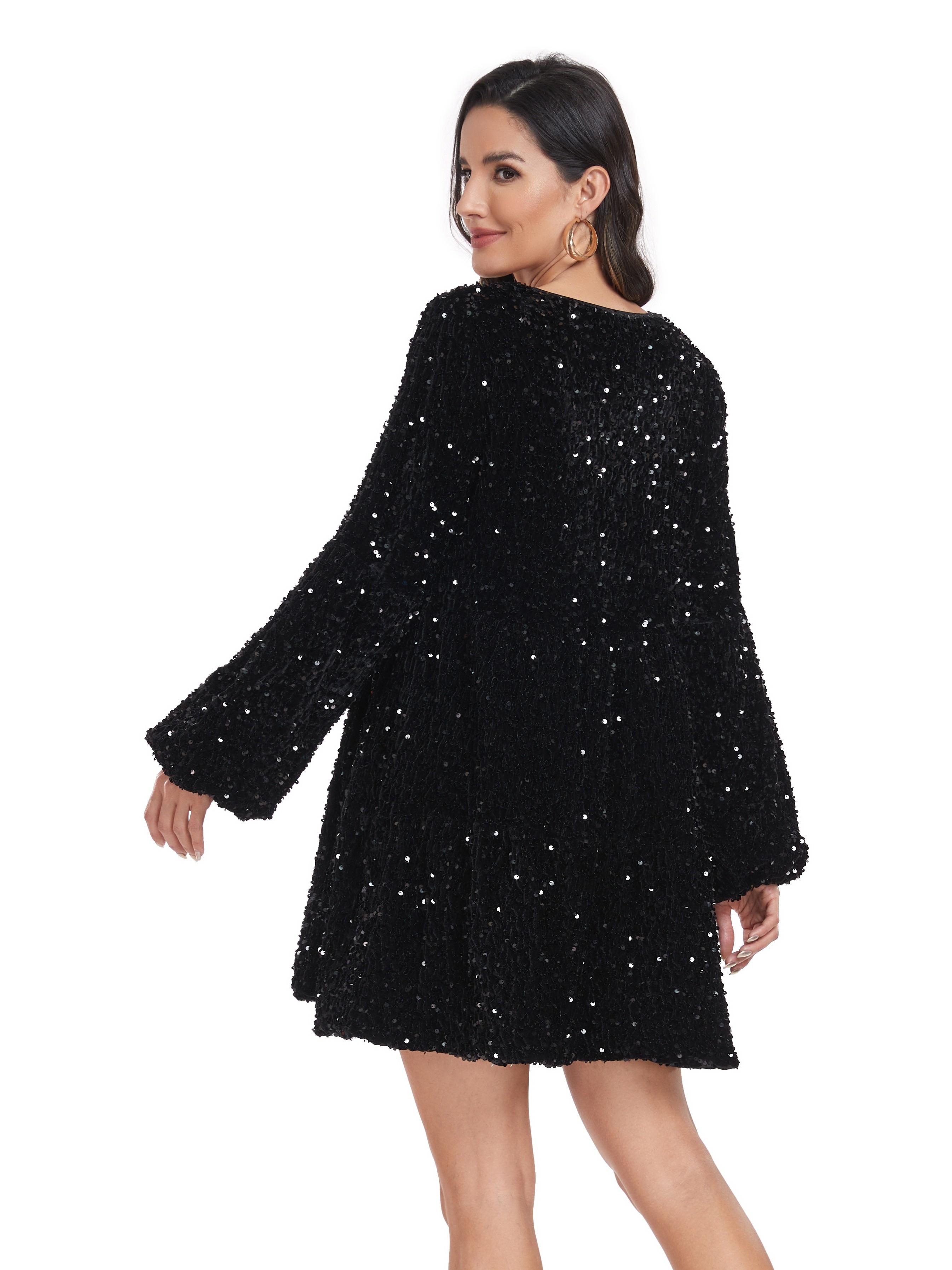 Contrast Sequin Mini Dress Elegant V Neck Long Sleeve Party - Temu