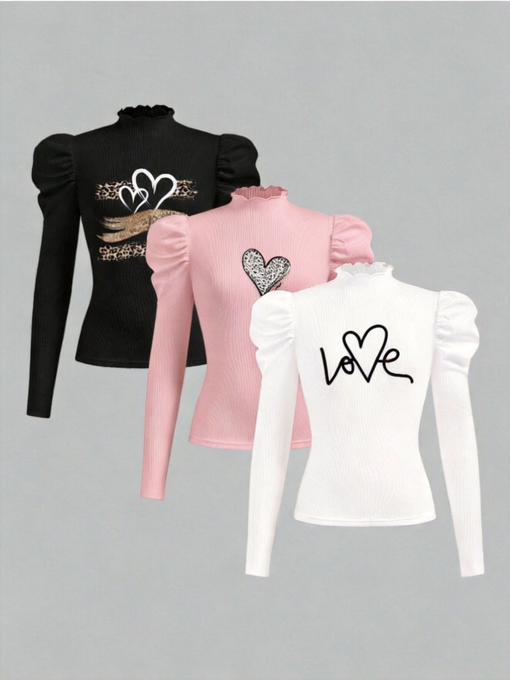 3pcs Ruffle Half-Turtleneck Long-Sleeve Top Set