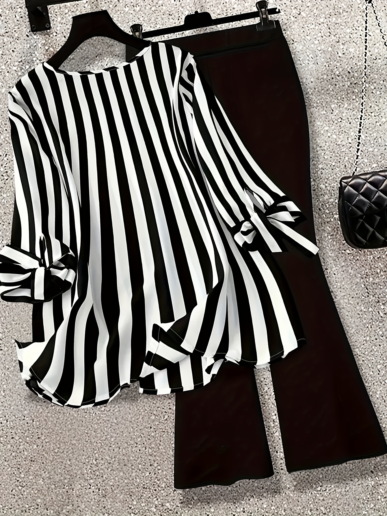 Plus Size, Black & White Striped Top And Pants Set: V - Neck Shirt with Bow - Tied Sleeves, Flared Trousers. Bold Striped Pattern, Loose Fit. Versatile for Office Or Casual Outings. Stylish Coordinated Ensemble