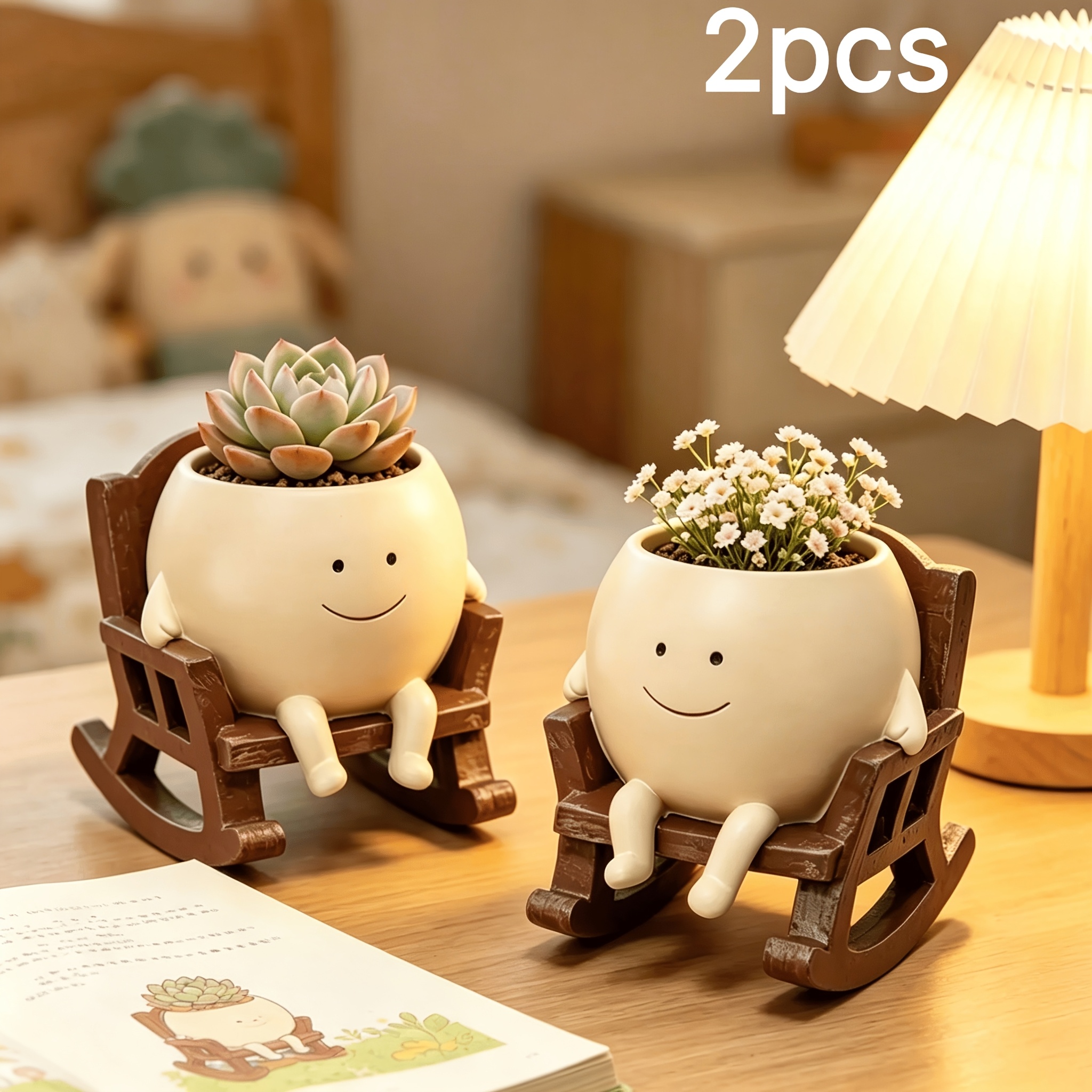 TEMU 2pcs Rocking Chair Planter Flower Pot | Head Resin Succulent Pot With Drainage Hole, Whimsical Dopamine Office Desk Room Decor, Shallow Mini