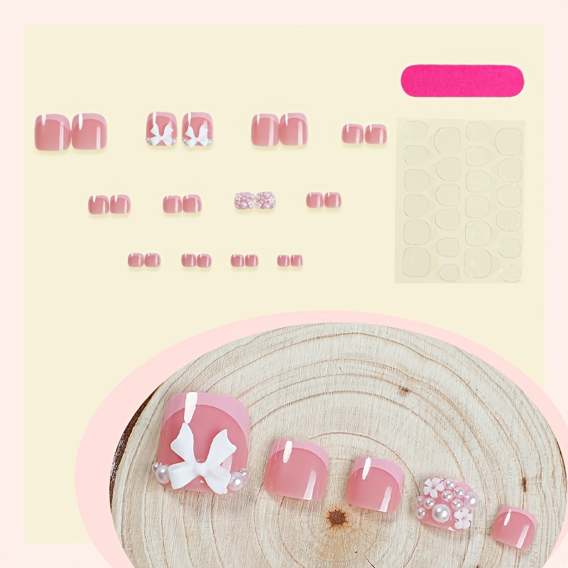 TEMU A Set Of 24 Short Square Press-on Fake Nails, Fashionable Toe Nail Art, Cute Pink , Sweet Three-dimensional Bows, Gorgeous, Delicate Pistils.