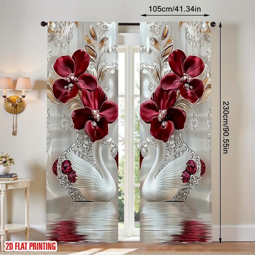 TEMU 2D Plat - 2D Plat - Set van 2 elegante gordijnen met een stijlvol bloem- en zwaanontwerp, perfect voor diverse kamers, waaronder de slaapkamer,