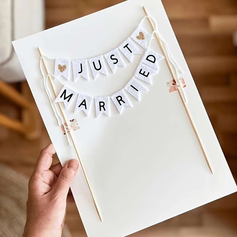 Image of Just Married Cake Topper - Wedding Cake Banner - White Felt Pennant Flags Cake Bunting - Bridal Shower Decoration - Rustic Wedding Theme, Halloween, Christmas