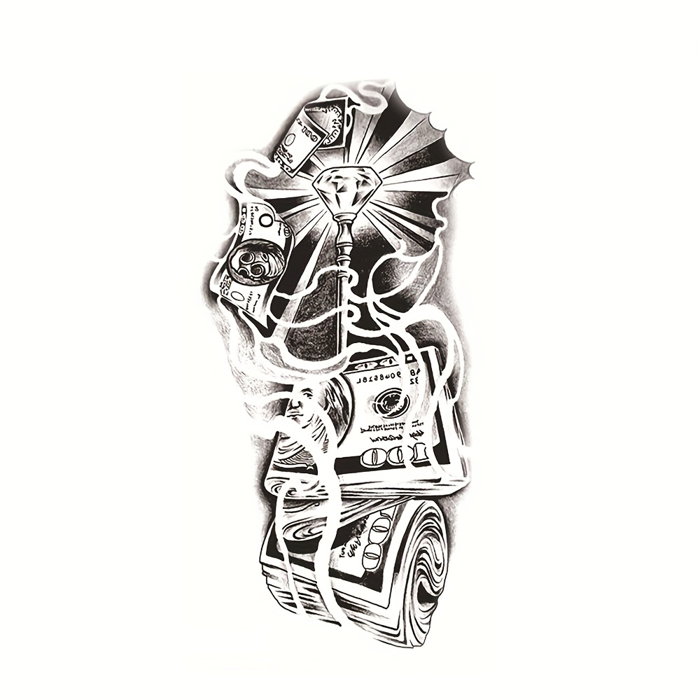 Waterproof Temporary Tattoo Stickers Dark Style Geometric Dice Gothic Text Coin Clock Rose Handheld Oil Lamp Crown Scepter Human Body Art Arm Faux Tattoo Sleeve Suitable for Women Men Belly Leg Shoulder Waist