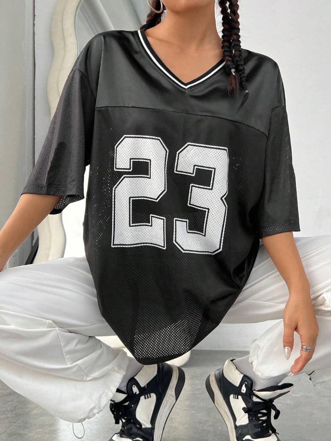 Womens Jersey Shirt Women's Jersey T-Shirt Loose Fit V-Neck Elbow