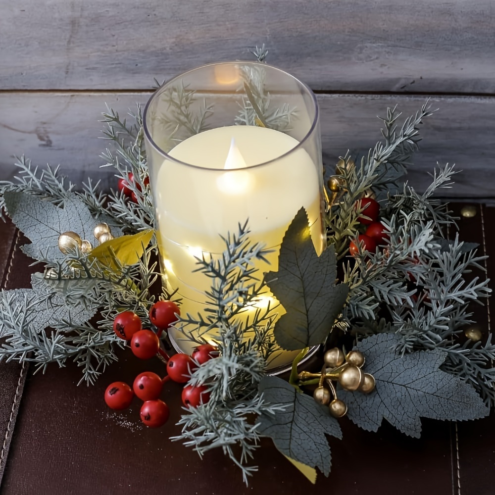 

Christmas Candle Ring Wreath - & Holly Leaves, Table Centerpiece Decor For Holidays, Kitchen Cabinets, Windows, And Wall Hangings