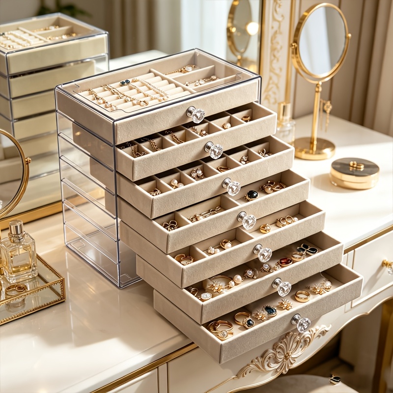 TEMU Ladies' Oversized Acrylic Jewelry Box, 7-layer Transparent Velvet Earring Storage, 7 Drawers, Ring Display Cabinet, Necklace Holder Tray (beige)