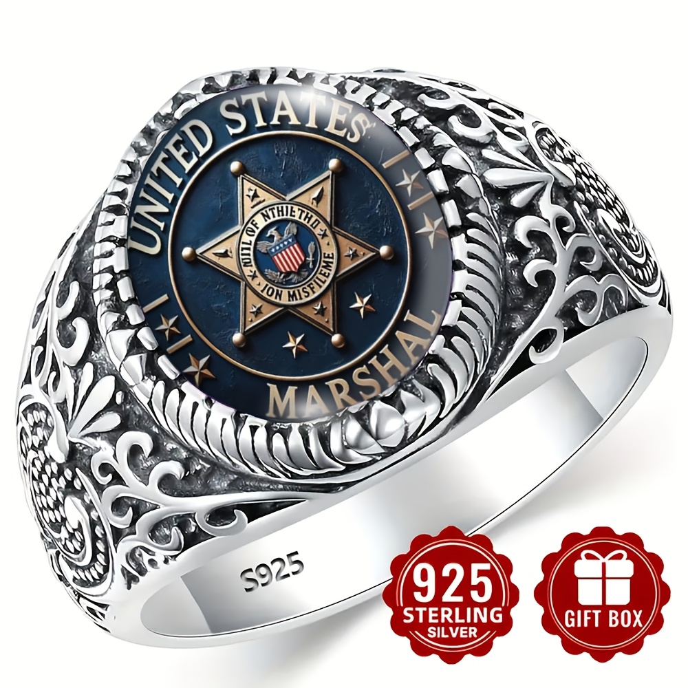Men's Round American Badge Pattern Vintage Engraved Ring, Suitable For Casual Attire And As A Gift.