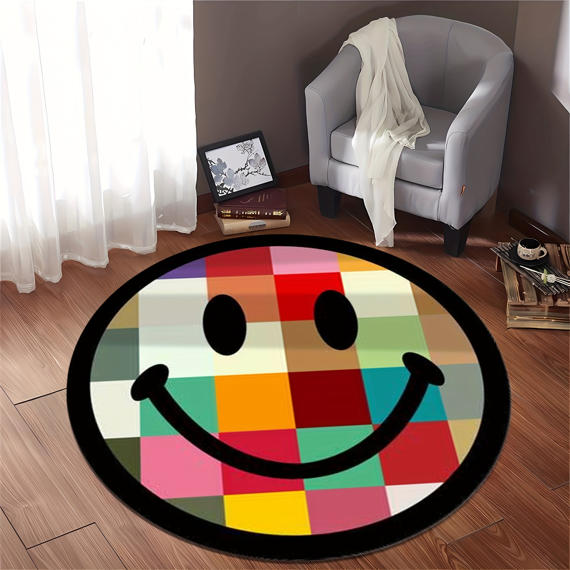 

Colorful Joyful Face Round Rug - Soft, Absorbent & Non-slip Flannel Mat For Living Room, Bedroom, Study - Machine Washable Home Decor