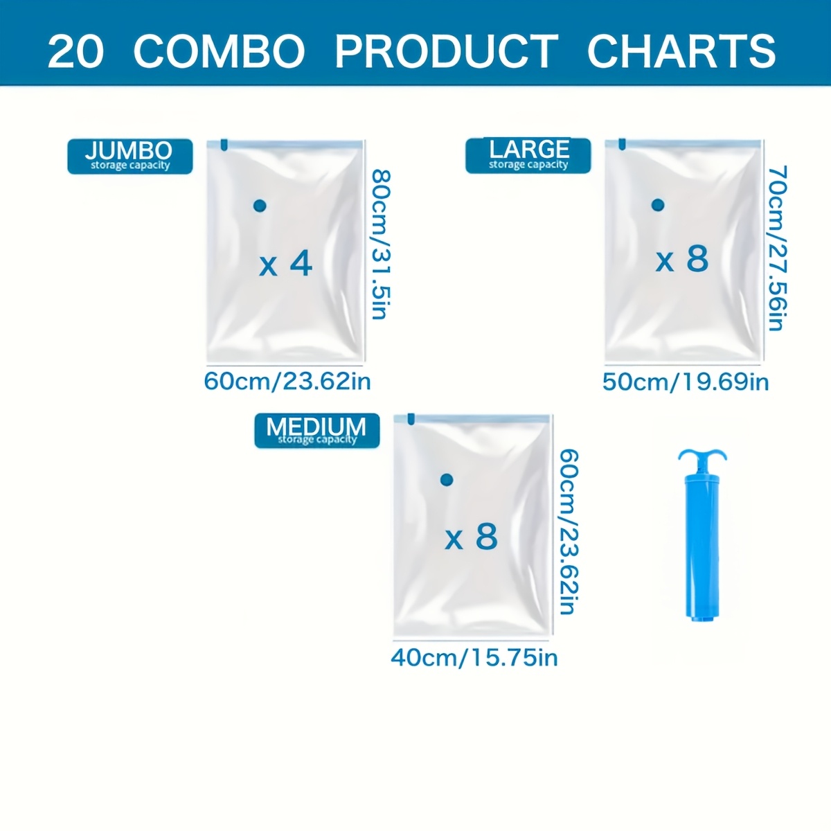 20-pack Vacuum Storage Bags With A Hand Pump For Compressing Clothes, Blankets, And Pillows - Perfect For Organizing Your Wardrobe And Moving