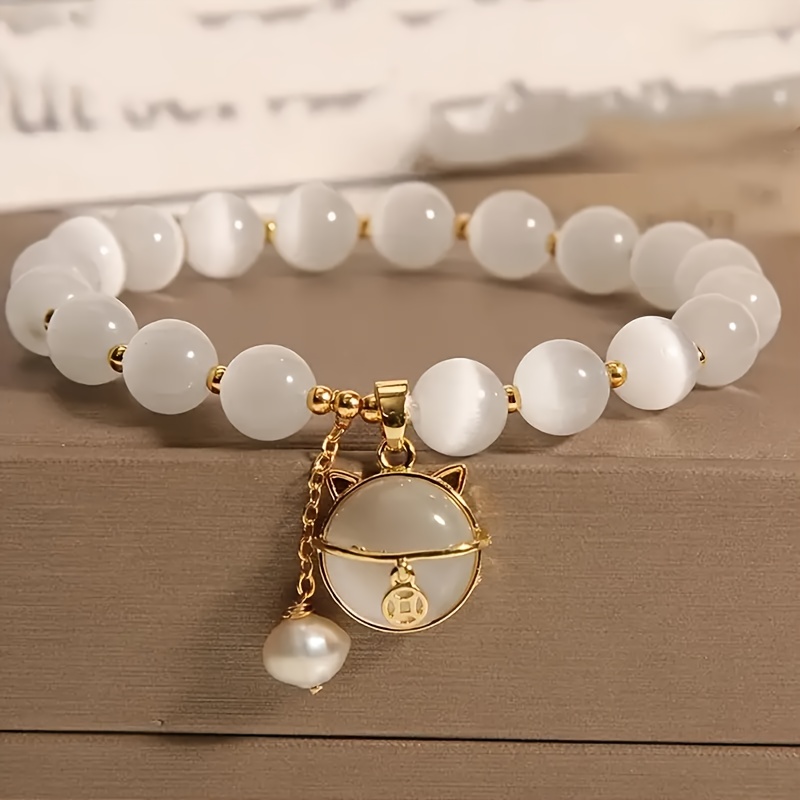 

1pc Fashionable Opal Beaded Bracelet With Cat Pendant For Women Best Friend Hand Jewelry