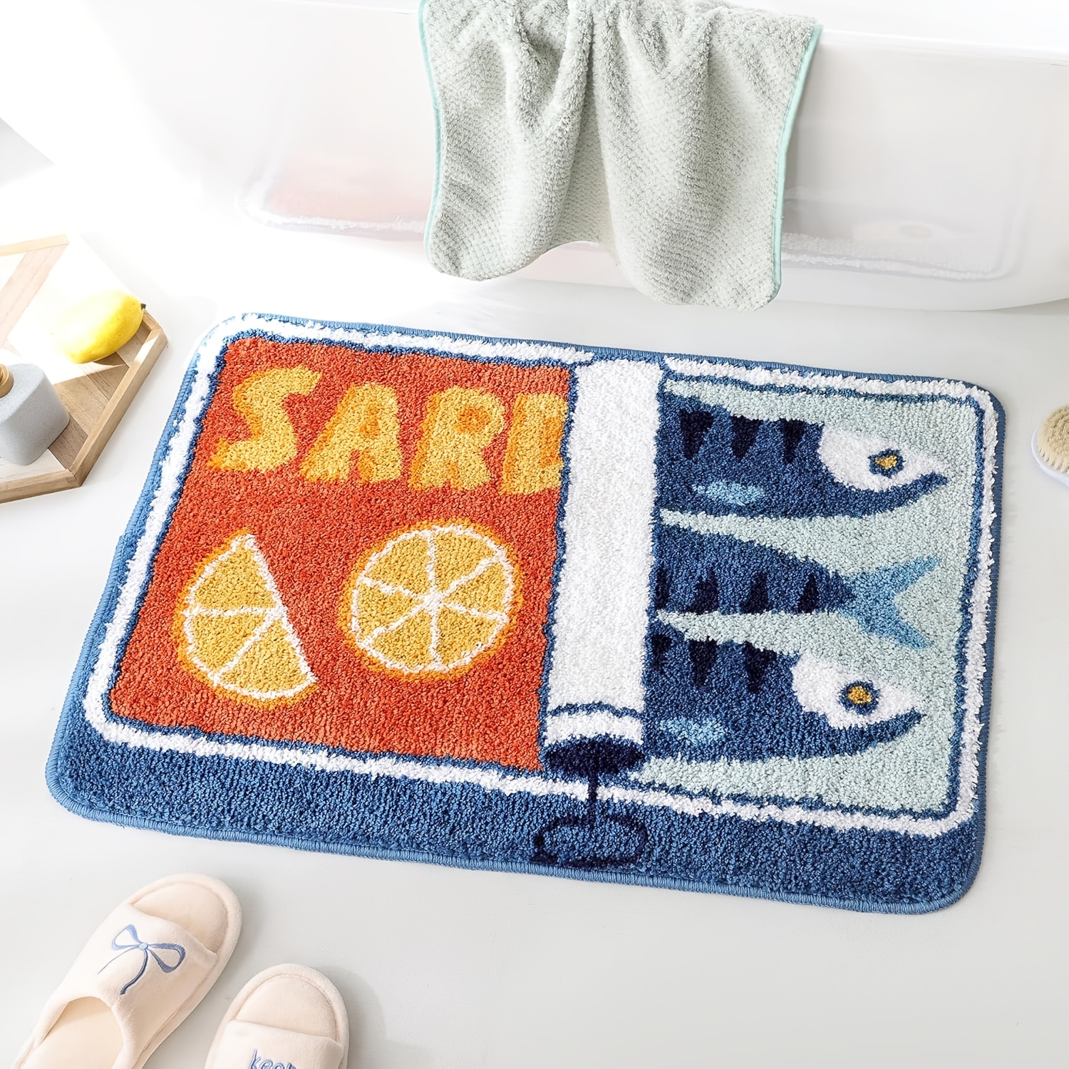 Image of Sardine Can Bath Mat, Blue Bathroom Rugs For Bedroom, Soft Washable Rug Non Slip Cute Kitchen Bath Mats For Bathroom Funny Cartoon Fish And Lemon