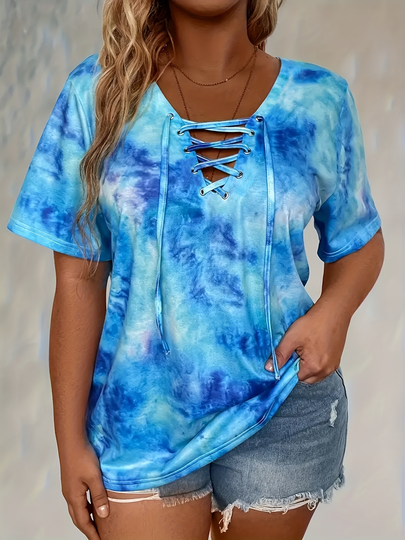 plus size women's casual tie dye v neck t shirt drawstring