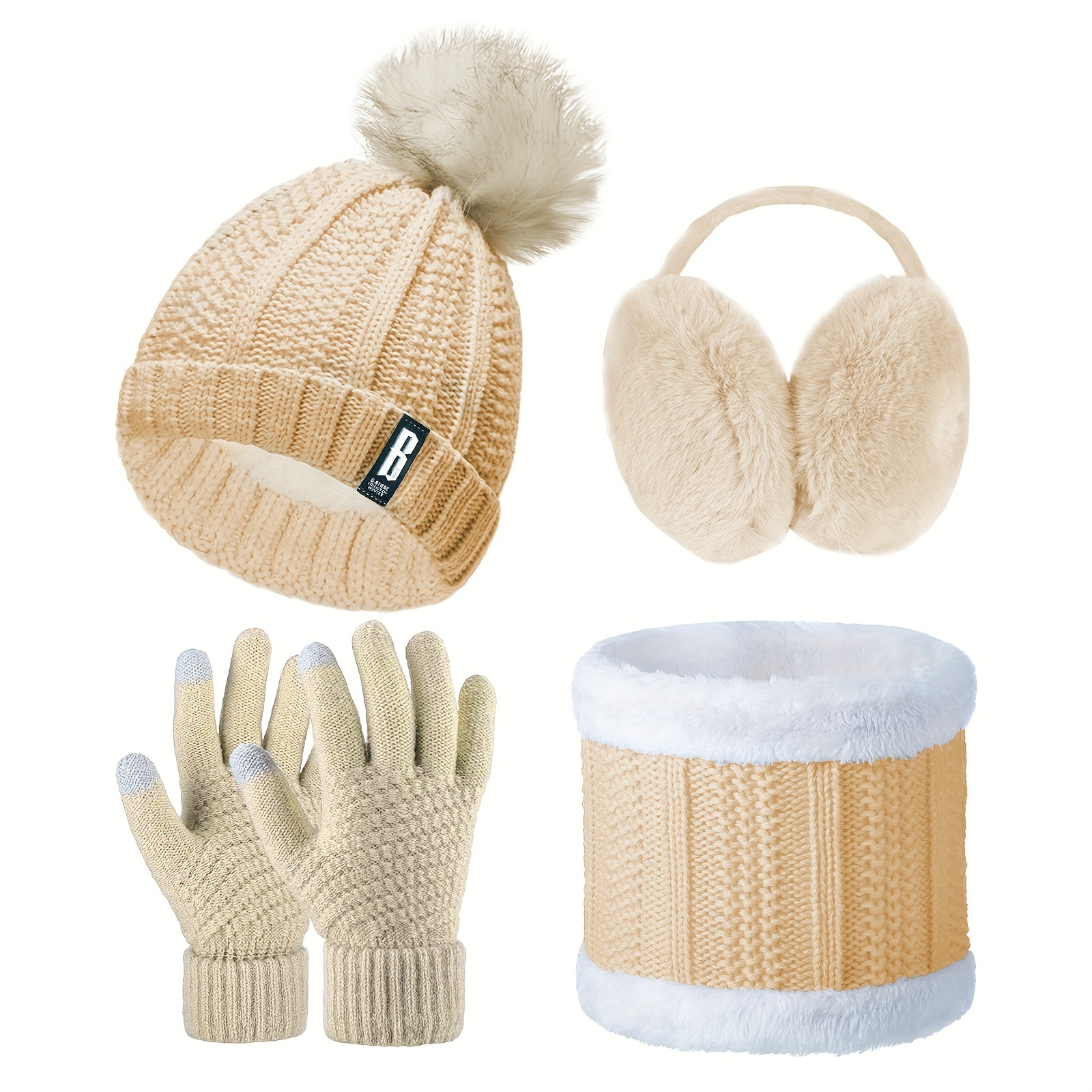 TEMU 4pcs Accessories Set For Women - Knitted Beanie Hat With Pompom, , Touch Gloves, And Scarf - And Outdoor Sports Set