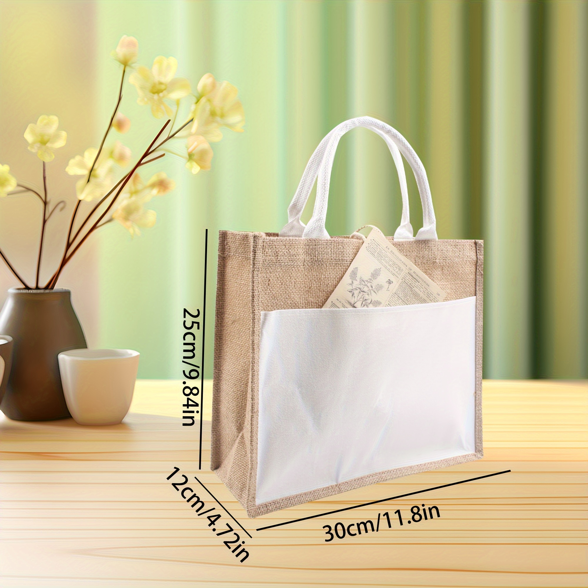 TEMU 女性用高品質ジュートハンドバッグ - ルベージュ＆ホワイトツートーン 再利用可能なショッピングバッグ 頑丈なハンドル付き ビーチ・買い物・カジュアルアウトドアに最適 広々で耐久性のある生地 折りたたみ可能