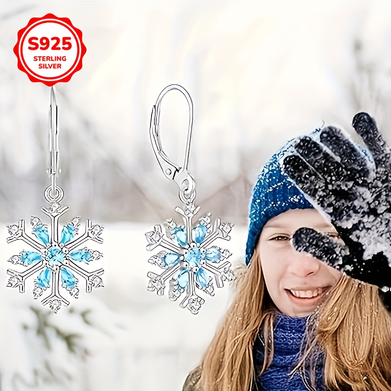 Image of Pair Of S925 Silver Snowflake Inlaid Synthetic Zirconia Design Women's Dangling Earrings, Suitable For Women's High-quality Jewelry Gift, Hypoallergenic Silver Weight 3.6g