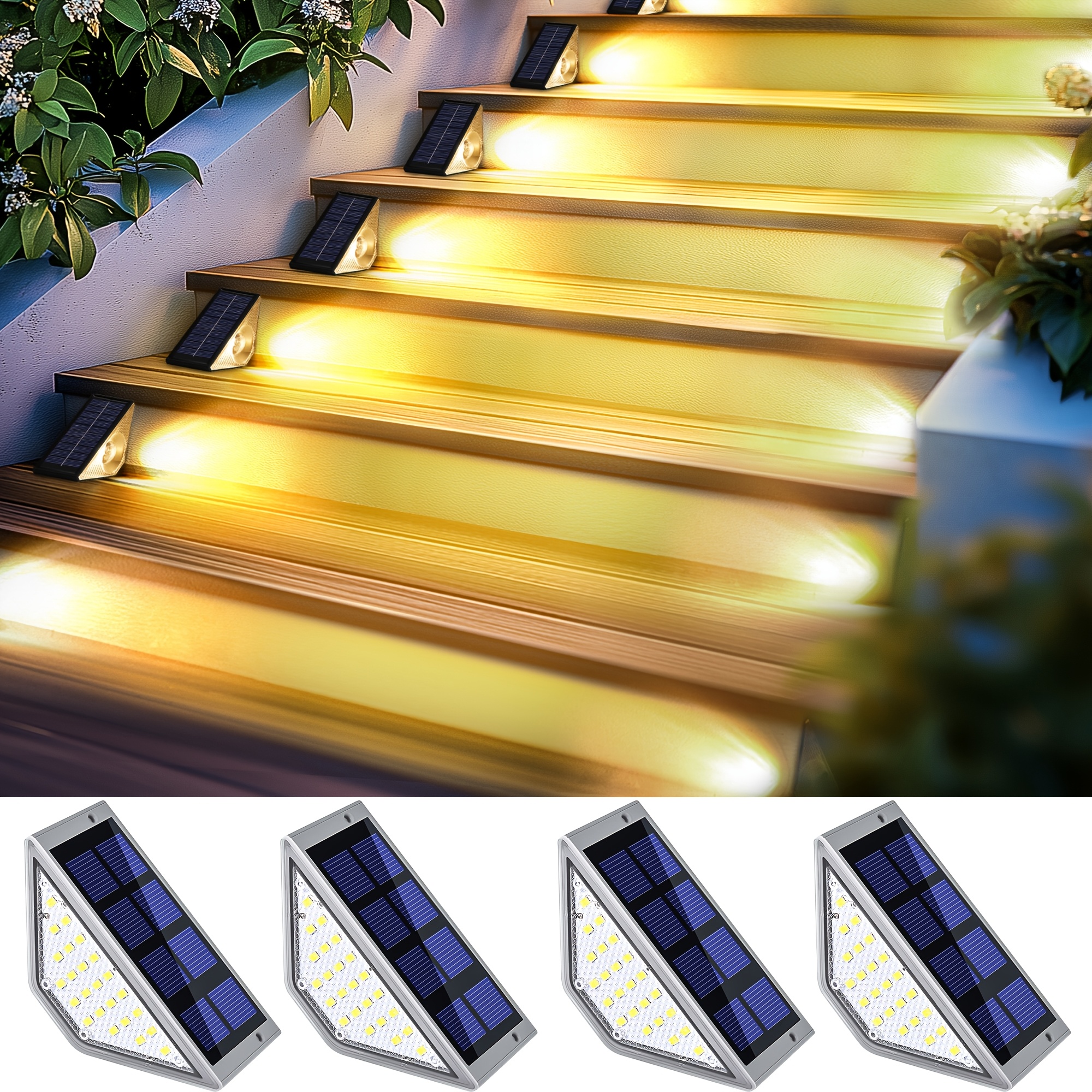 TEMU 4pcs Solar Step Light Auto On Off Outdoor Stair To 12 Hours Warm White Optional For Yard Patio Balcony Wall Decor