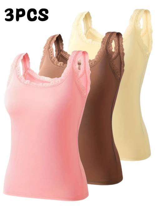 set of 3 lace trimmed round neck stretchy vests easy solid colors and summer styles mature and casual and fashionable color blocking tops comfortable for layering or wearing alone a wardrobe essential suitable for