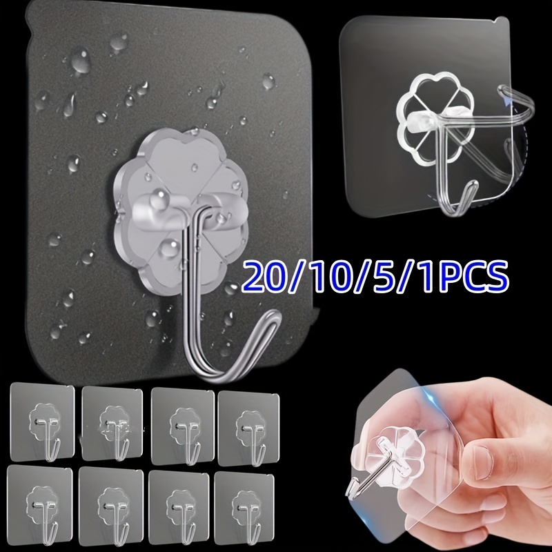 

1/5/10/20 Pack Transparent Adhesive Wall Hooks - Polished , Heavy Duty Plastic, Traceless Stick-on Door Hooks For Bathroom, Kitchen, Home - , Multi-pack Options