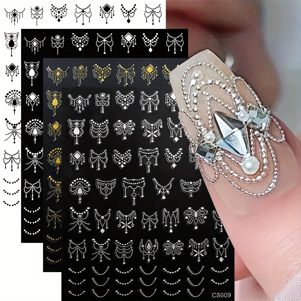 4sheets Silvery Golden Tassels Nail Art Stickers Black And White Lace Wave Nail Decals Self-adhesive Elegant Exquisite Sticker Nail Decoration Manicure