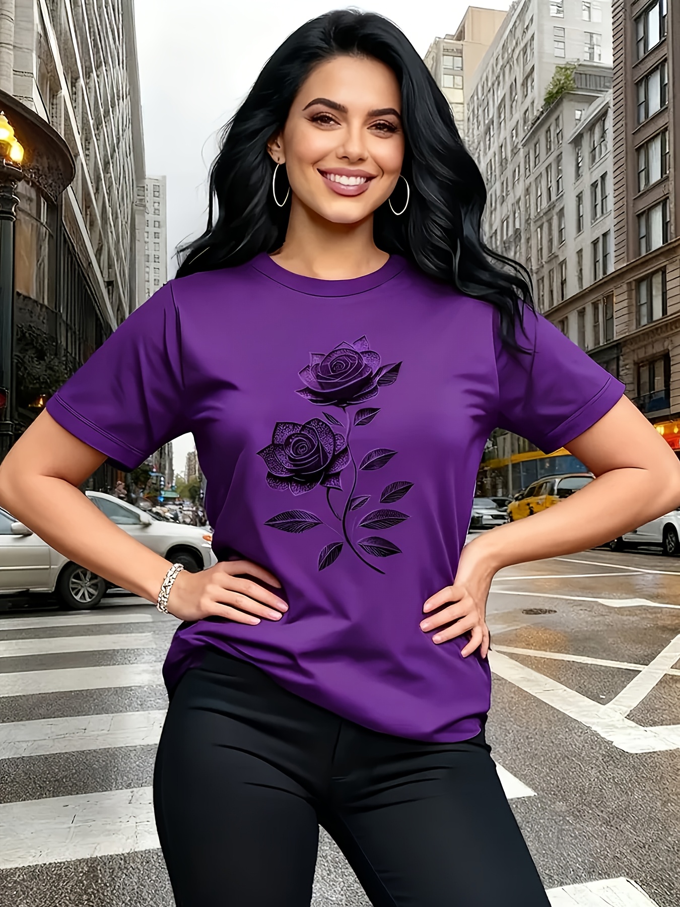 camiseta elegante para mujer |   de rosas único - top casual de cuello   | transpirable,  ,   para el vestuario de   y verano