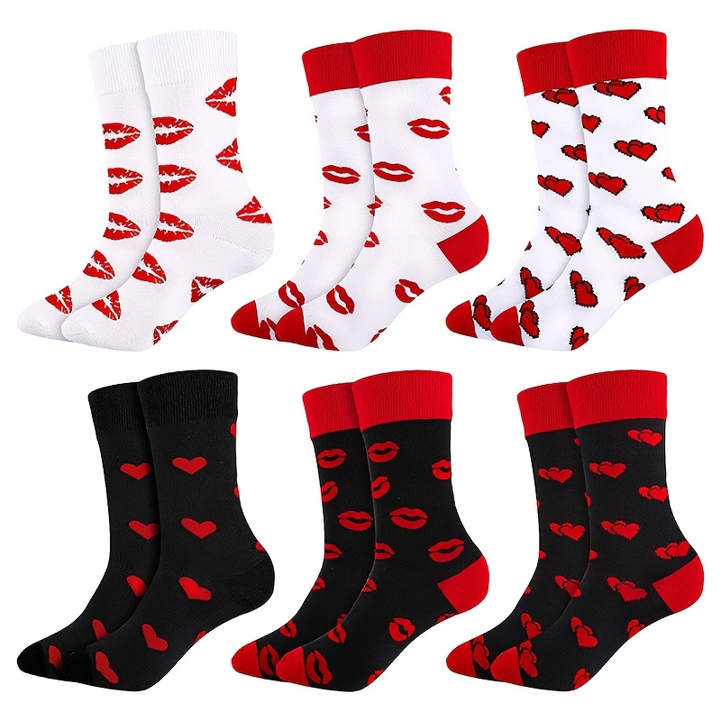 

6 Pairs 's Day Polyester Knee-high Socks, Heart & Lip Pattern, Sweat-wicking Breathable Couple's Socks With Applique Detail