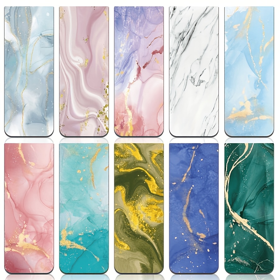 TEMU Set Of 10 Assorted Magnetic Bookmarks Featuring A Marble Design - Sturdy Page Markers Suitable For Readers, Students, Educators, And Office Use