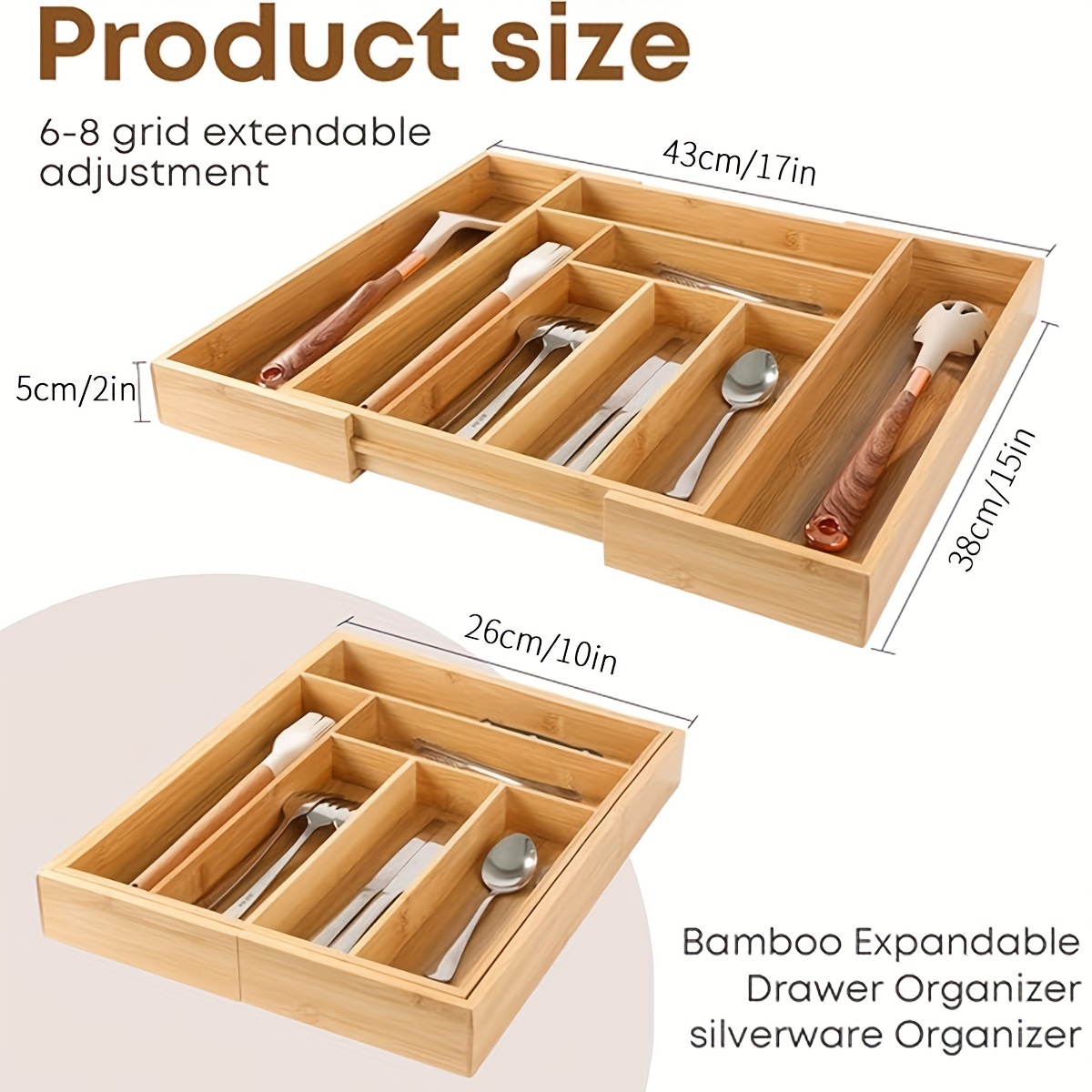 1pc bamboo cutlery organizer kitchen drawer storage box expandable cutlery organizer tray bamboo cutlery organizer tray with drawer dividers suitable for organizing silverware cutlery and knives in storage office kitchen bedroom and living room multifunctional bamboo drawer storage box organizer details 2