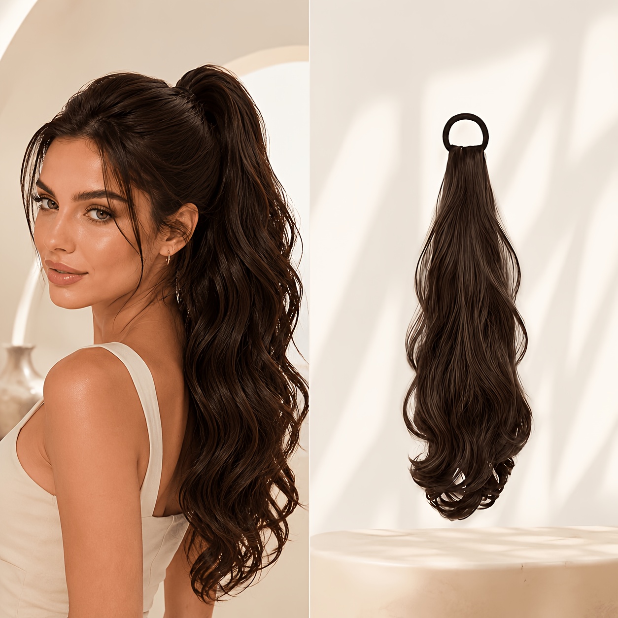 TEMU Long Loose Wavy Ponytail With Rope, Fluffy Long Wavy Ponytail Hairpiece, With Elastic Hairband, Suitable For Y2k Casual Outfit Halloween And