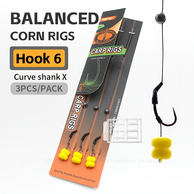 E-shop 3er-Pack Karpfenangel-Rig mit Mais, ausbalancierte Mais-Rigs, 15,5 cm gebogener Haken, Größe 2, 4, 6, Mikro-Widerhaken, geschlitzte