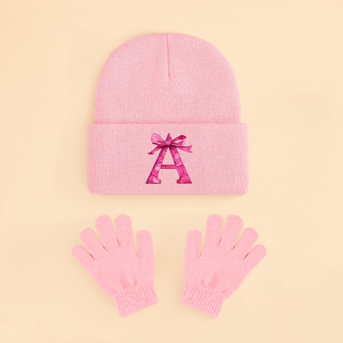 2pcs ' Knitted Hat & Gloves Set With Bow & Alphabet, Optional, Fashionable & Gorgeous, Cute & -proof Accessories For Girls In Fall & Winter, Suitable For Daily Matching & Gifting