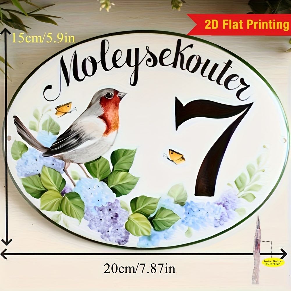 TEMU [personalized Address Sign] 1pc 2d Flat Printing Customizable Personalized Address Sign With Hydrangea, Robin, And Green Leaves - Outdoor Door