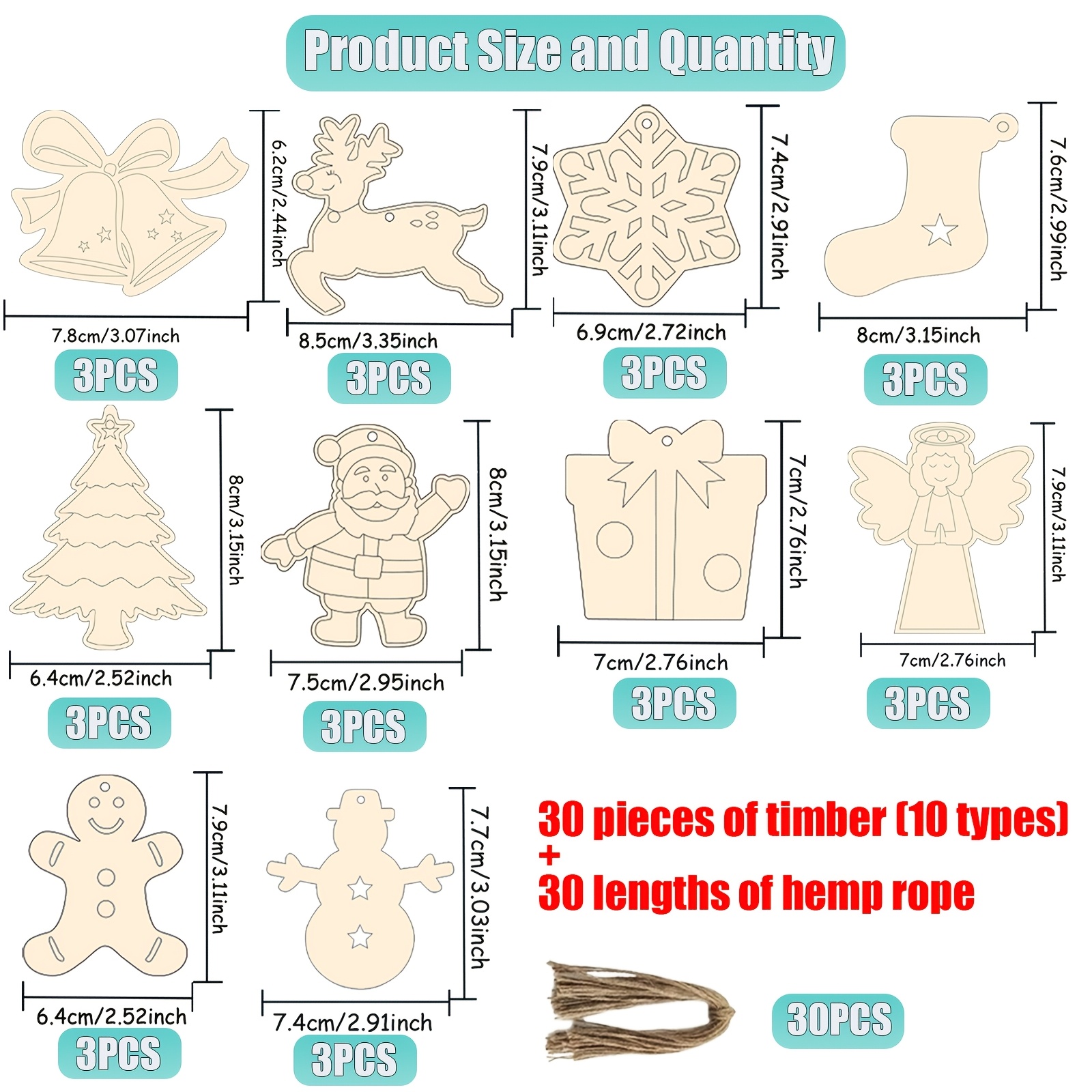 TEMU Children's Christmas Blank Wooden Hanging Ornaments Diy Craft Kit, 60pcs Natural Wood Christmas Hanging Decorations (30 Christmas Wood Pieces +