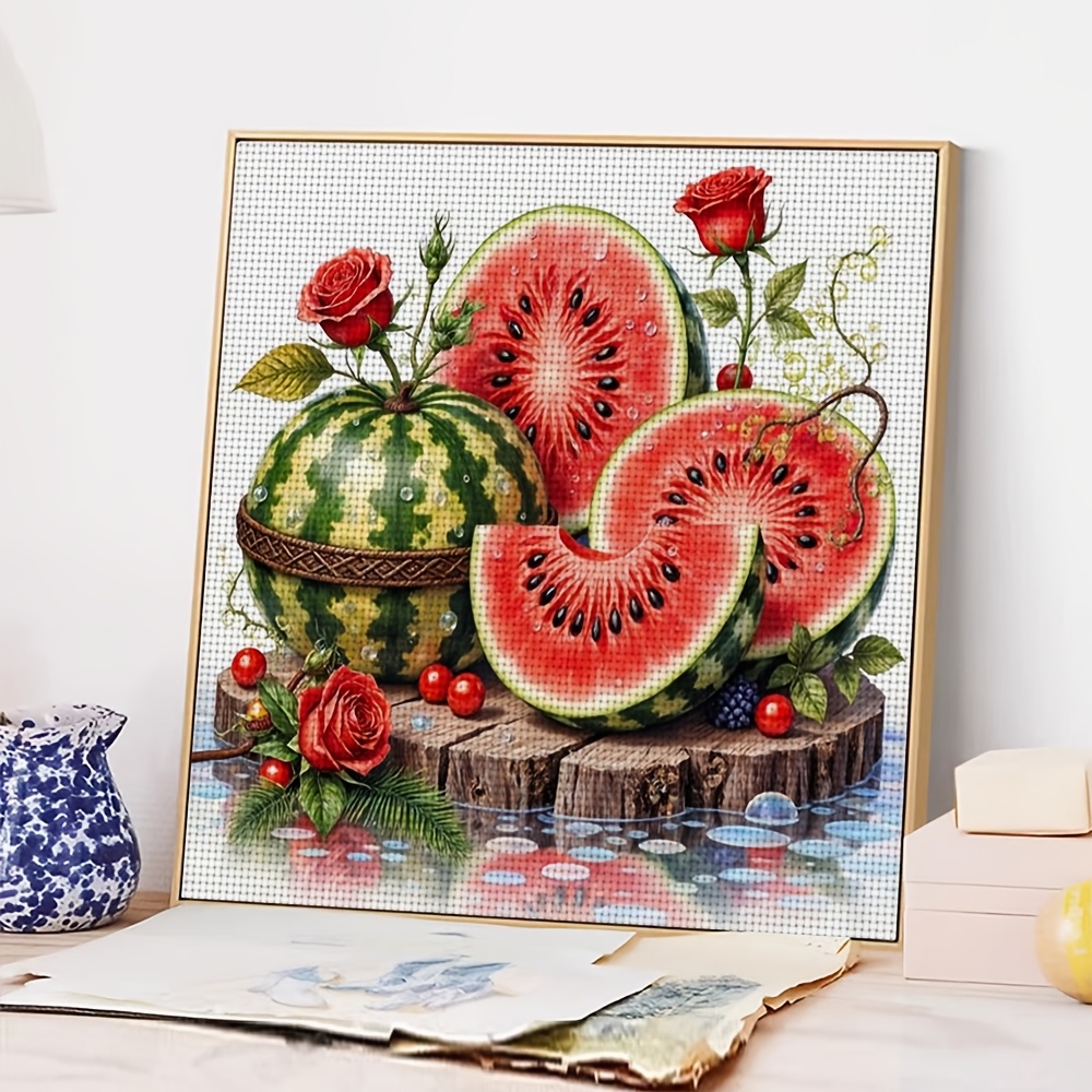 11CT Frameless DIY Cross Stitch Kit of Watermelon with Roses and Berries